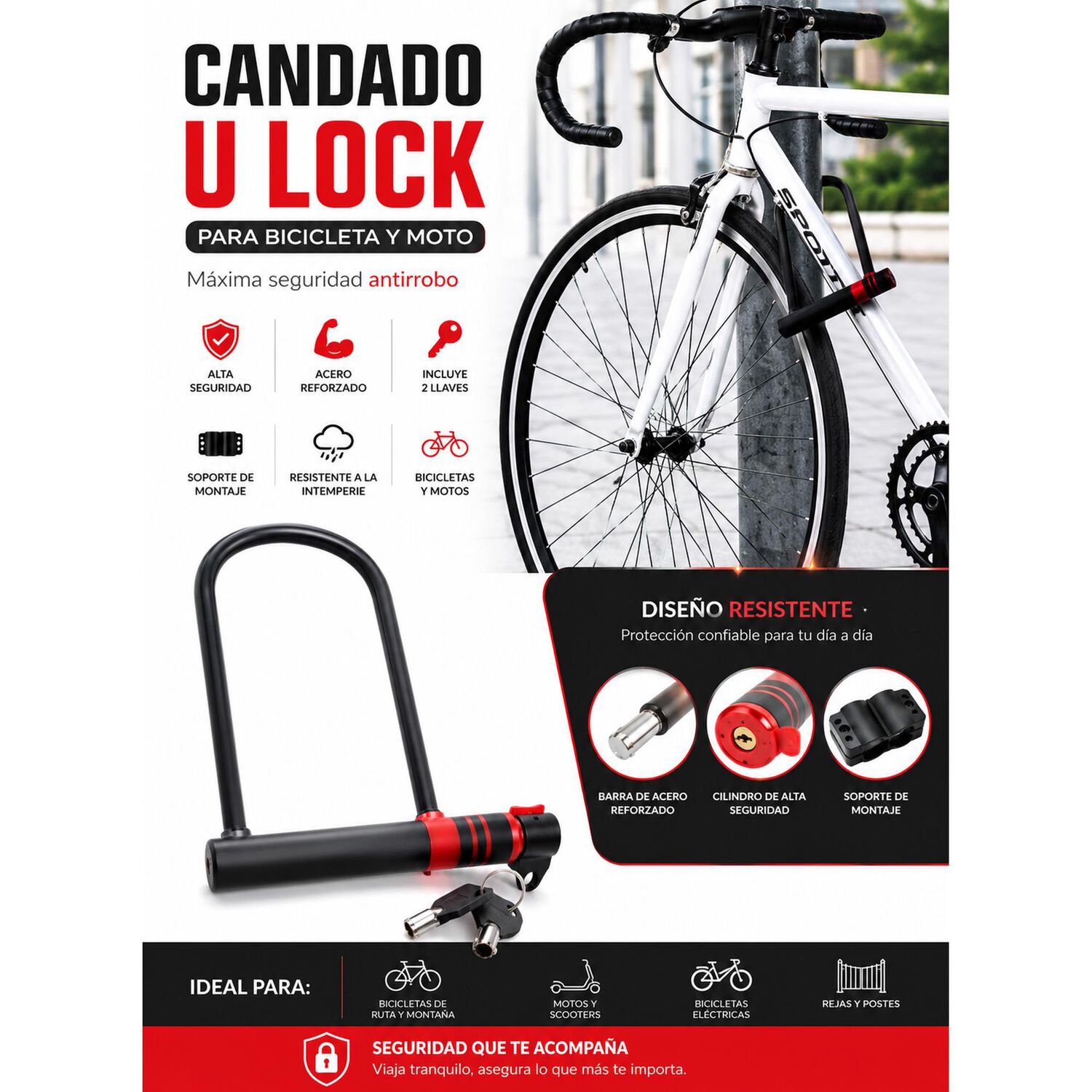 Candado U Lock Para Bicicleta Y Moto 2 Llaves Anti Robo image number 9.0