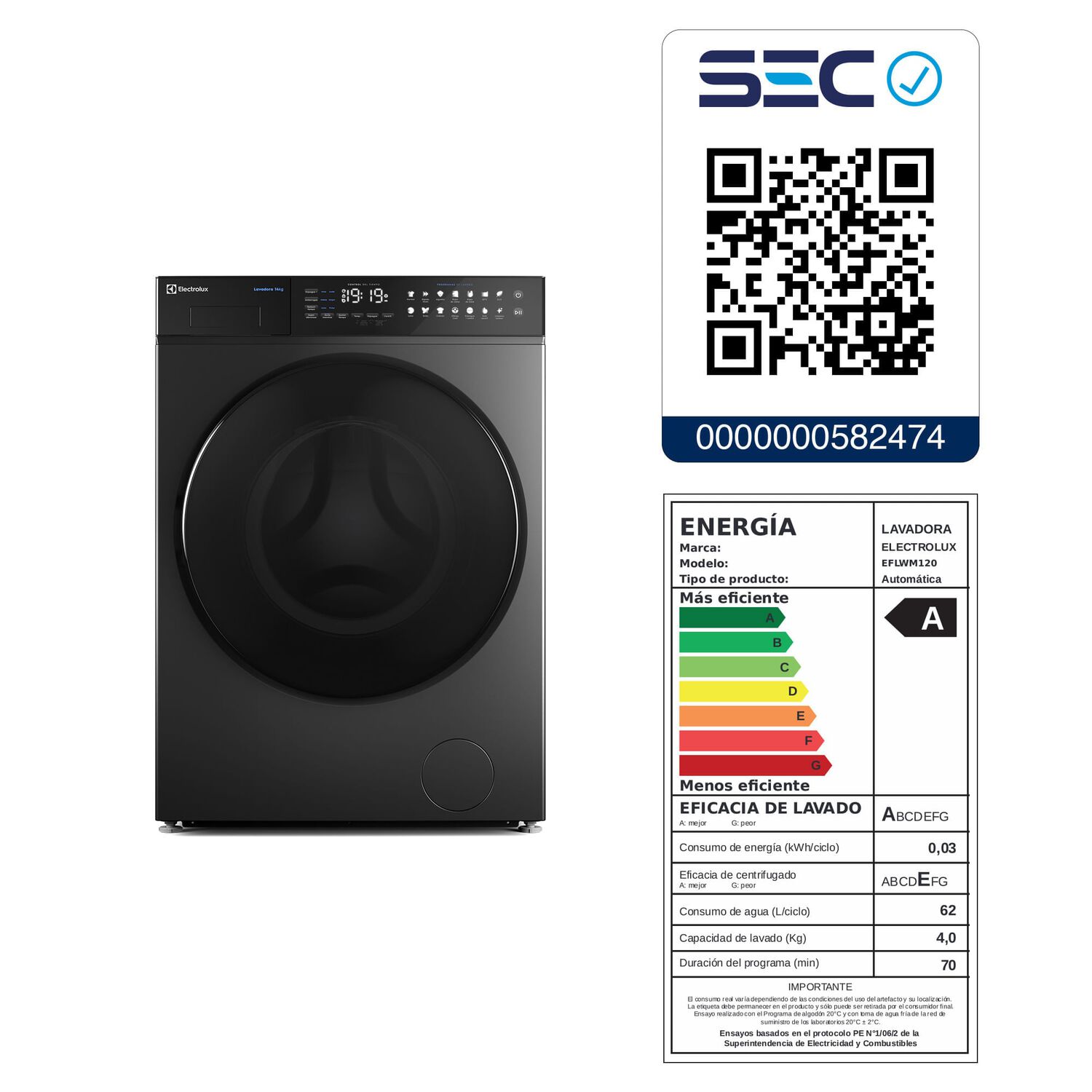 Lavadora Autom&aacute;tica 14kg Carga Frontal Inverter Eflwm12o Onix image number 14.0