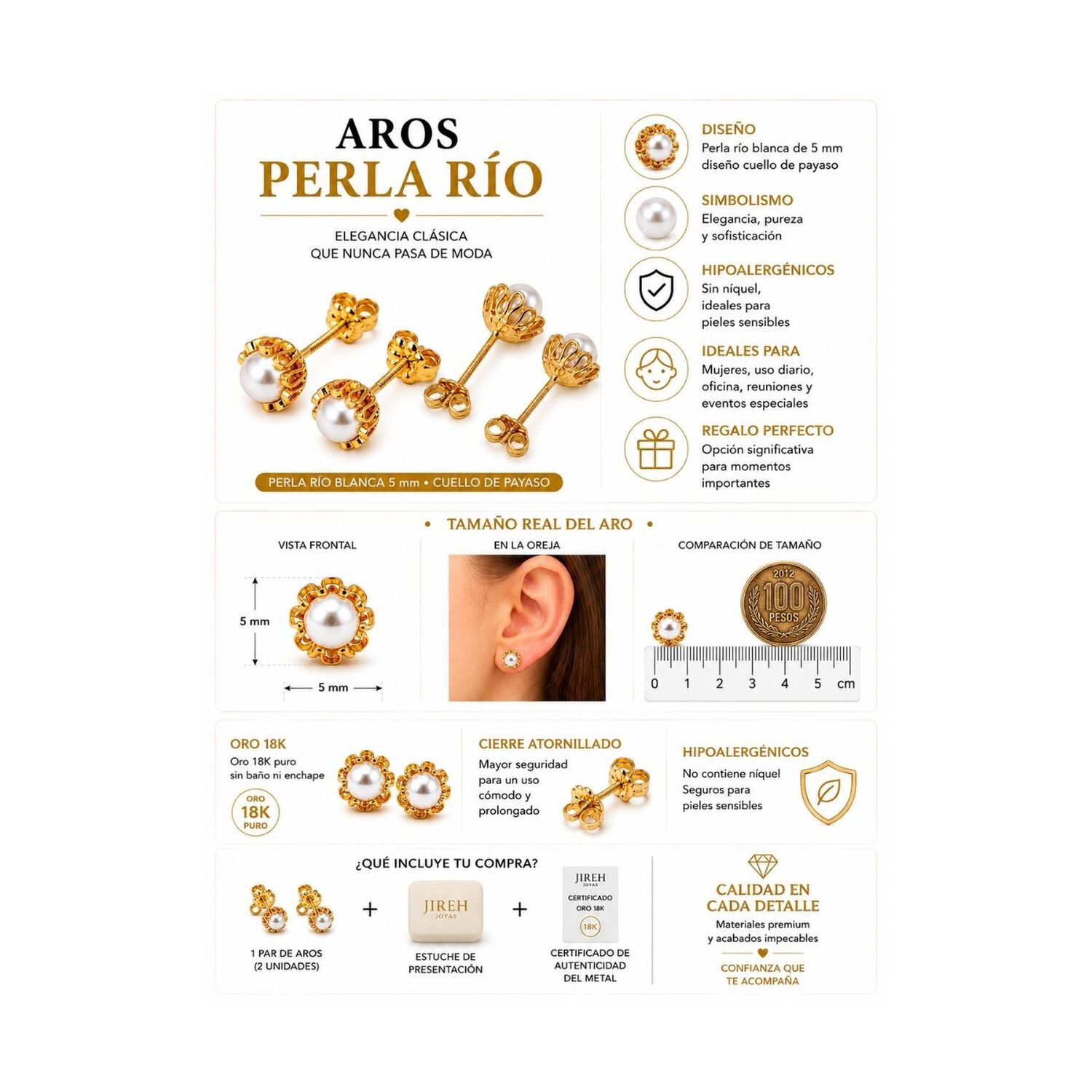 Aros Perla R&iacute;o Blanca Cuello De Payaso 5mm Oro 18k Atornillado 2gr Mujer Elegantes. image number 4.0