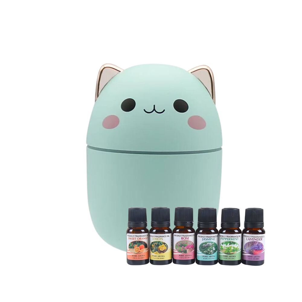 Pack Humidificador Diseño Gato Verde + 6 Esencias Aromaticas image number 1.0