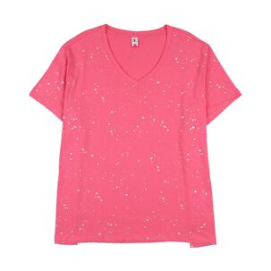 Polera Regular Aplicaci&oacute;n Folia Manga Corta Cuello V Mujer Sexy Large