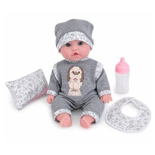 Juguete Mu&ntilde;eca Bebe 35cm Con Accesorios Gris Infantil