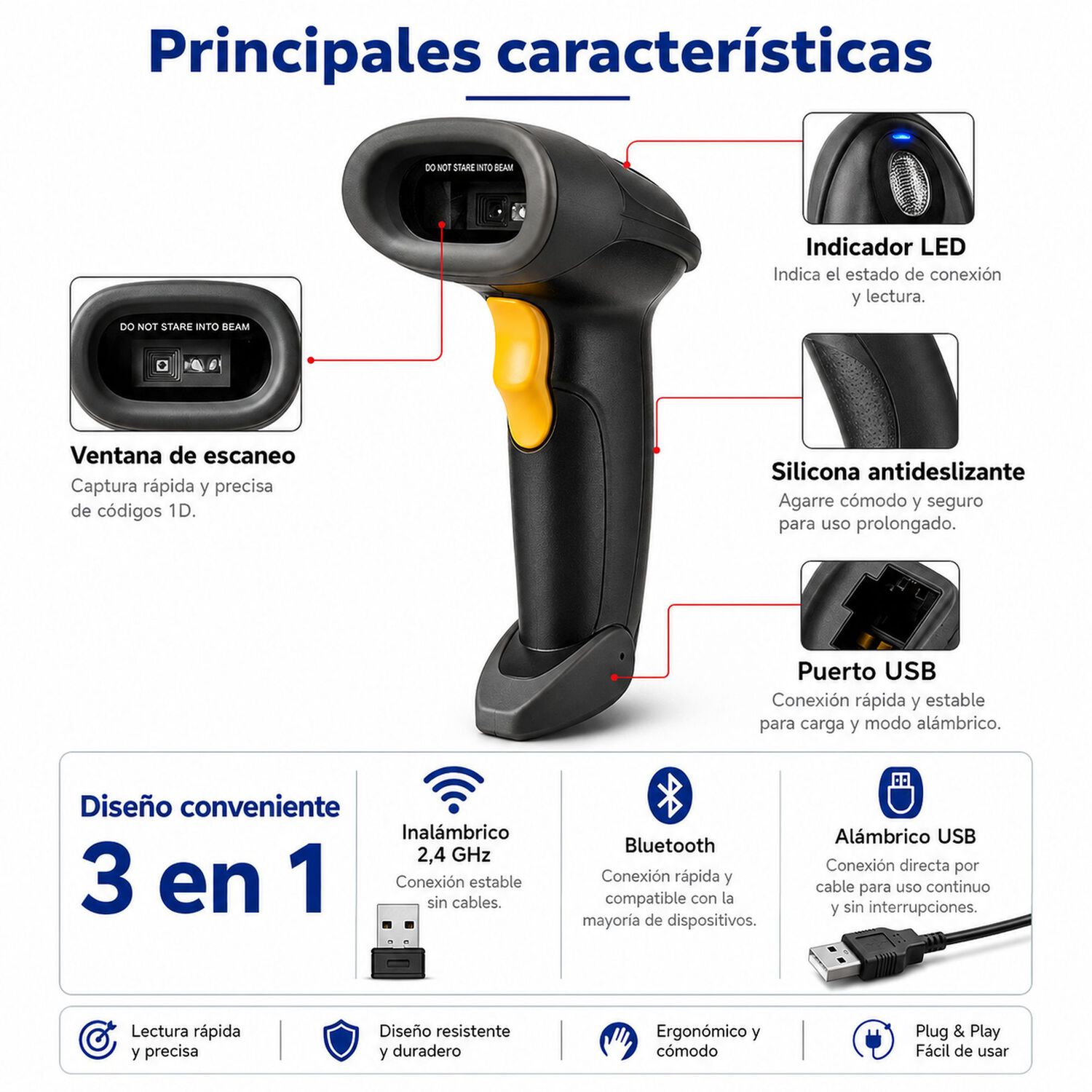 Lector C&oacute;digo Barras Inal&aacute;mbrico Bscbt8 2.4g Bluetooth Ccd image number 8.0