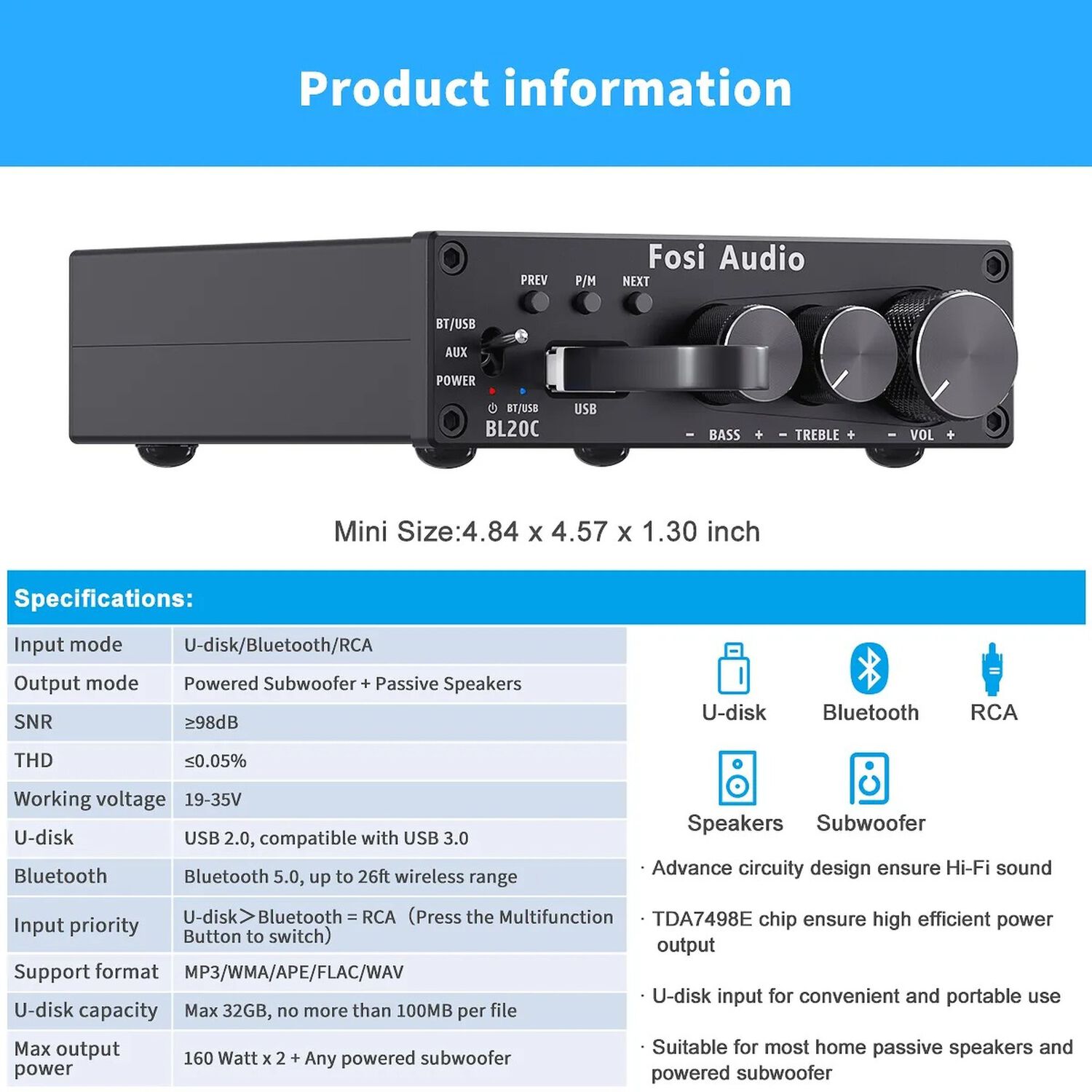 Amplificador Est&eacute;reo Bluetooth Fosi Audio Bl20c image number 6.0