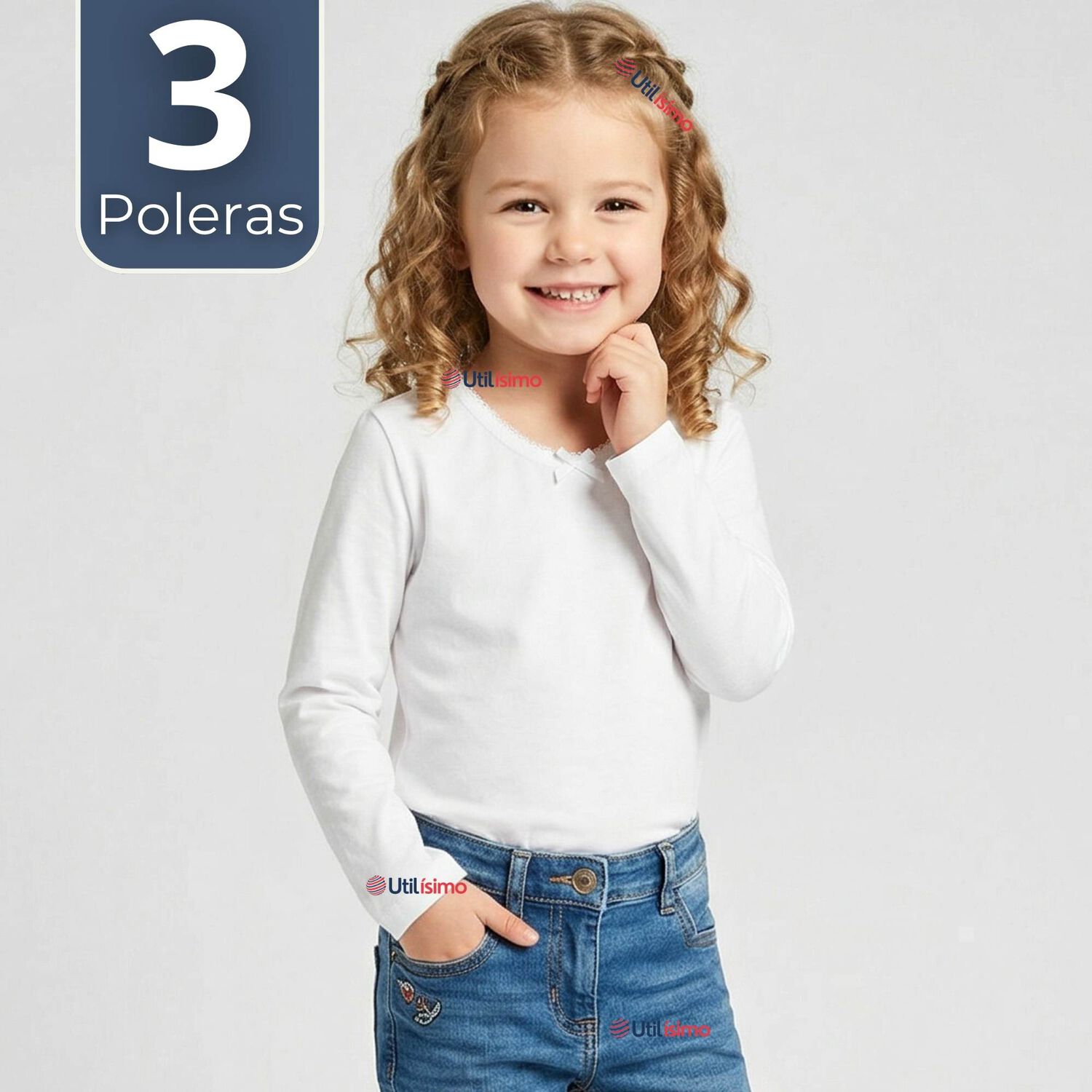 Pack 3 Camisetas Poleras Algod&oacute;n Cuello Redondo Blanca Primera Capa Manga Larga Ni&ntilde;a image number 0.0