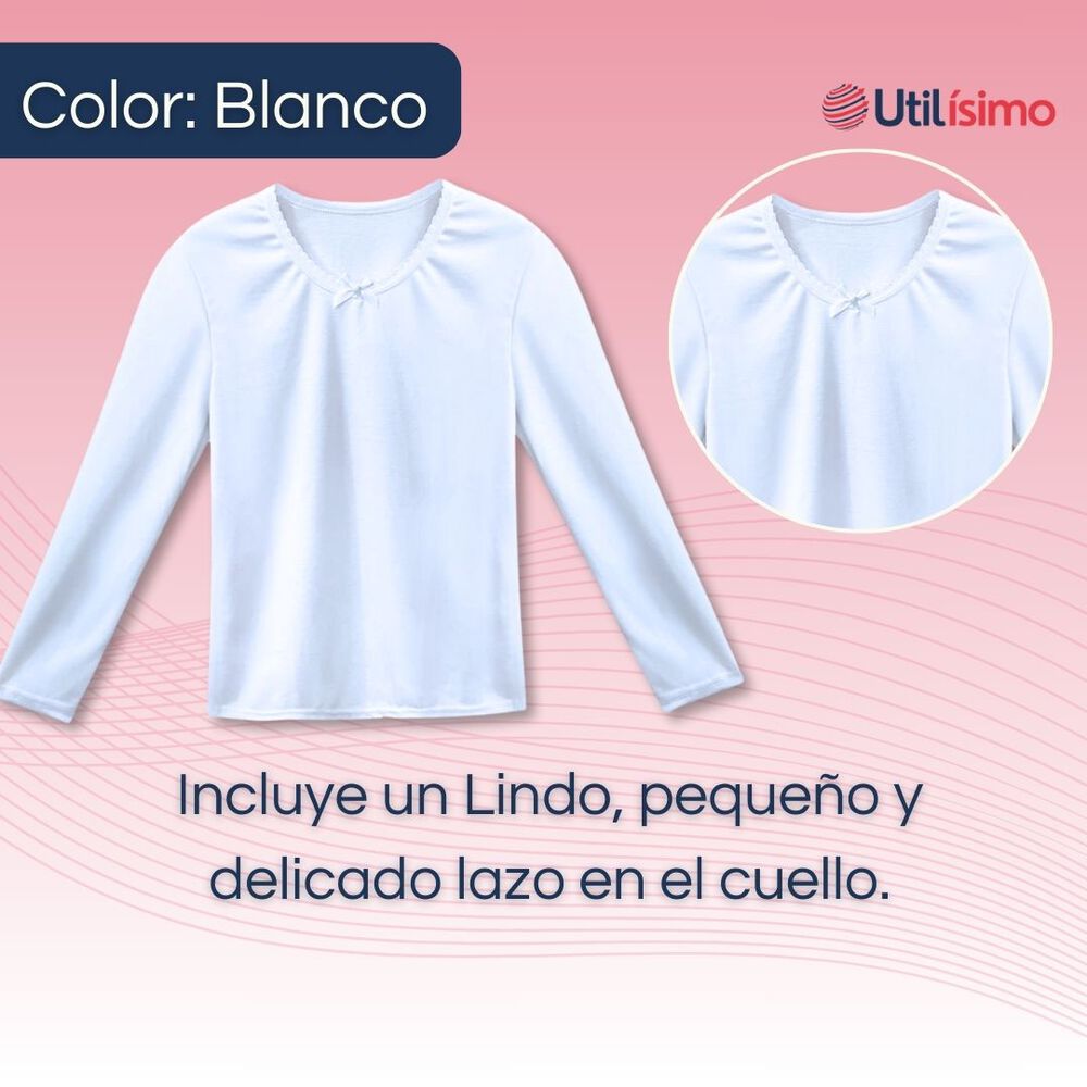 Pack 3 Camisetas Algodón Manga Larga Polera Niña Primera Capa Cuello Redondo Blanca image number 1.0