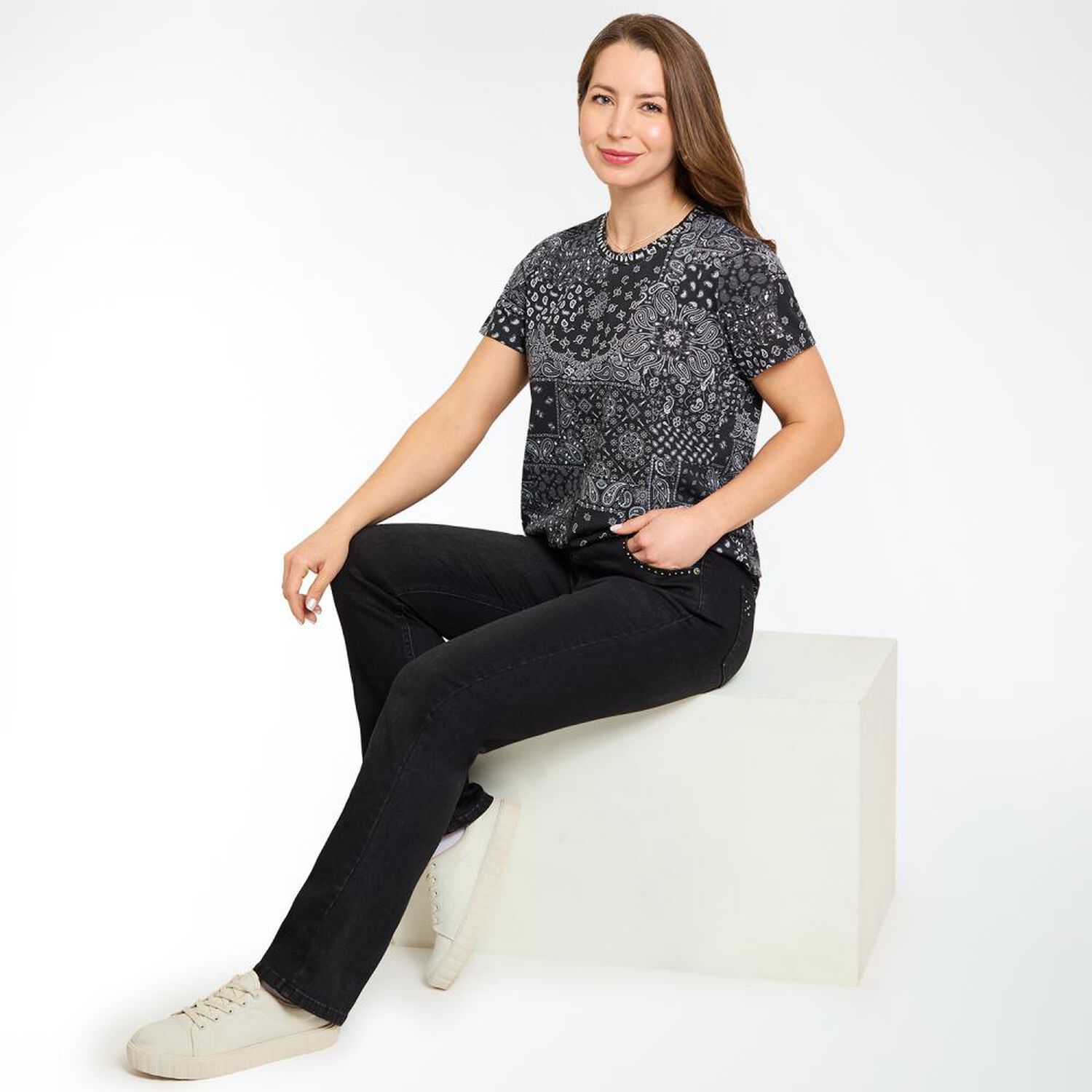 Jeans Brillos Tiro Alto Flare Mujer Geeps image number 1.0
