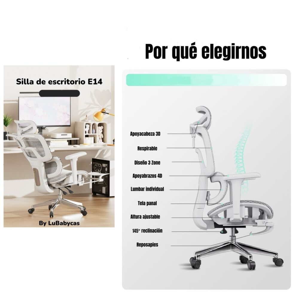 Silla De Escritorio Reclinable E14 Gris By Lubabycas image number 2.0