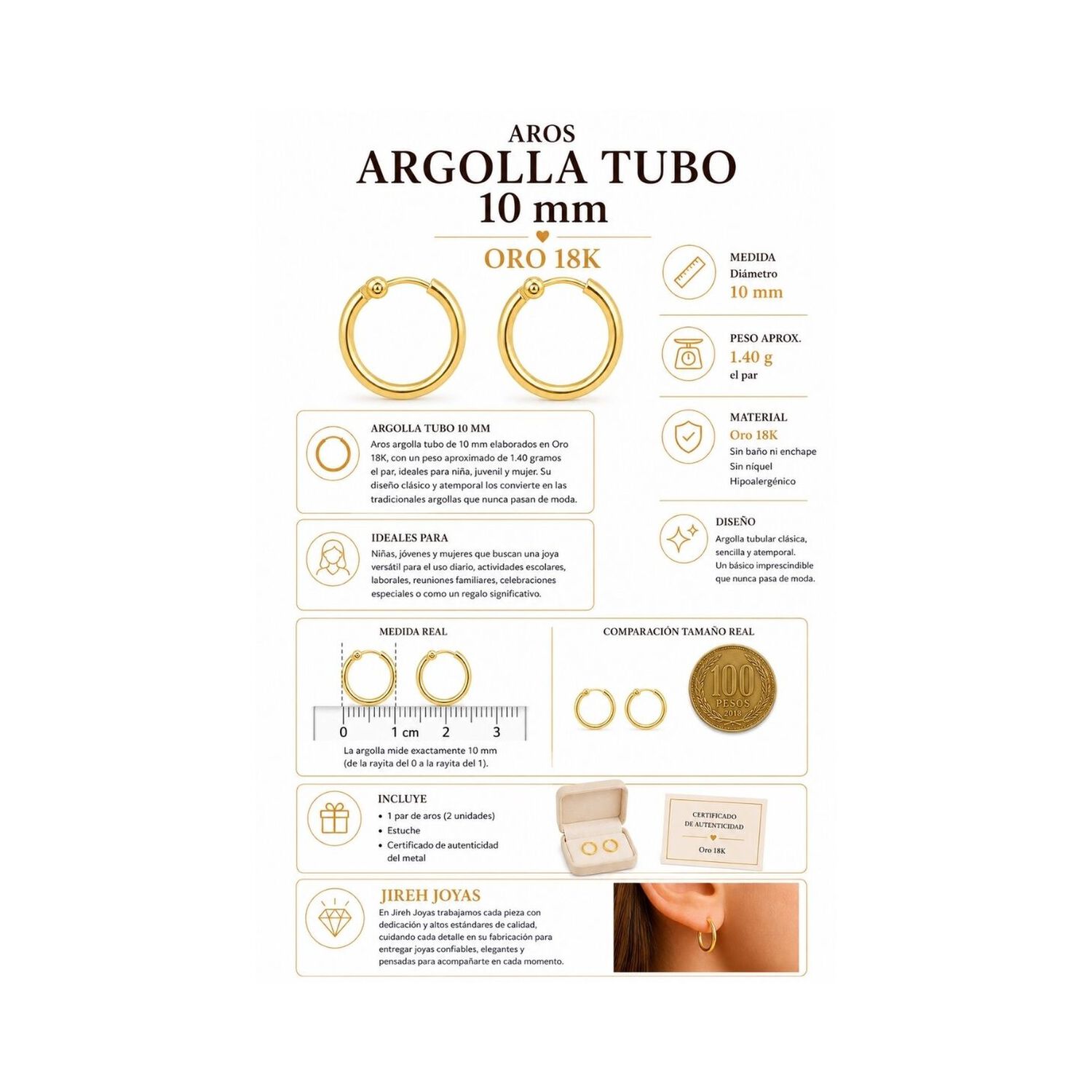 Aros Argolla Tubo 10mm Oro 18k 1.40gr Cl&aacute;sicas Regalo Mujer Dorado image number 7.0