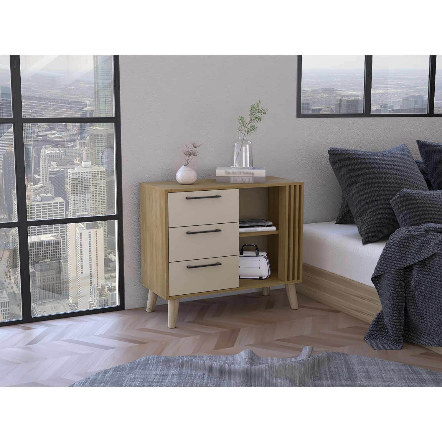 Comoda 3 Cajones Fm 64,4x80x35 Cm Caf&eacute; Claro Y Beige image number 4.0