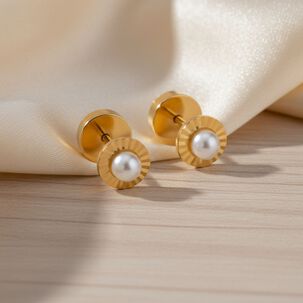 Aros Abridores Redondela Con Perla 5 Mm Oro 18k Con Tope A Presi&oacute;n
