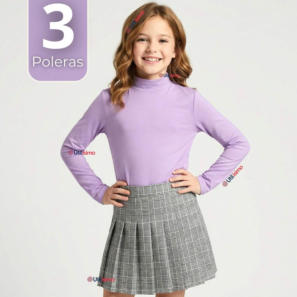 Pack 3 Poleras Camisetas Bamb&uacute; Lilas Cuello Beatle Primera Capa Manga Larga Ni&ntilde;a image number 0.0