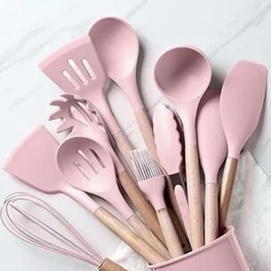 Set 12 Utensilios Cocina Mango Silicona Y Madera Repostería Rosa