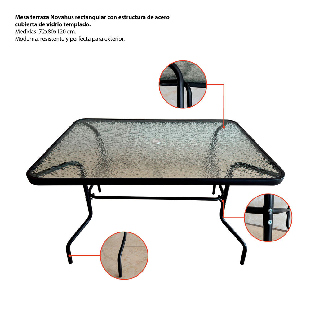 Mesa Terraza Vidrio Y Acero 120x80x72cm Negra image number 3.0