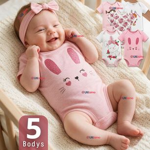 Pack 5 Bodys Manga Corta 100% Algod&oacute;n Tedmimak Ni&ntilde;a Pink Bunny