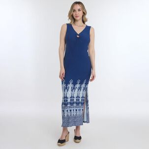 Vestido Largo Estampado Sin Mangas Y Con Aplicación En Escote Mujer Geeps