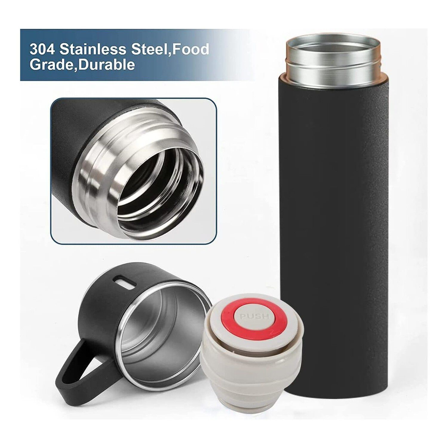 Termo Acero Inox 500ml 3 Tazas Aisladas Caliente Fr&iacute;o Negro image number 1.0