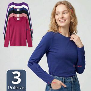 Pack 3 Camisetas Poleras Polar Primera Capa Manga Larga Colores Surtidos Mujer