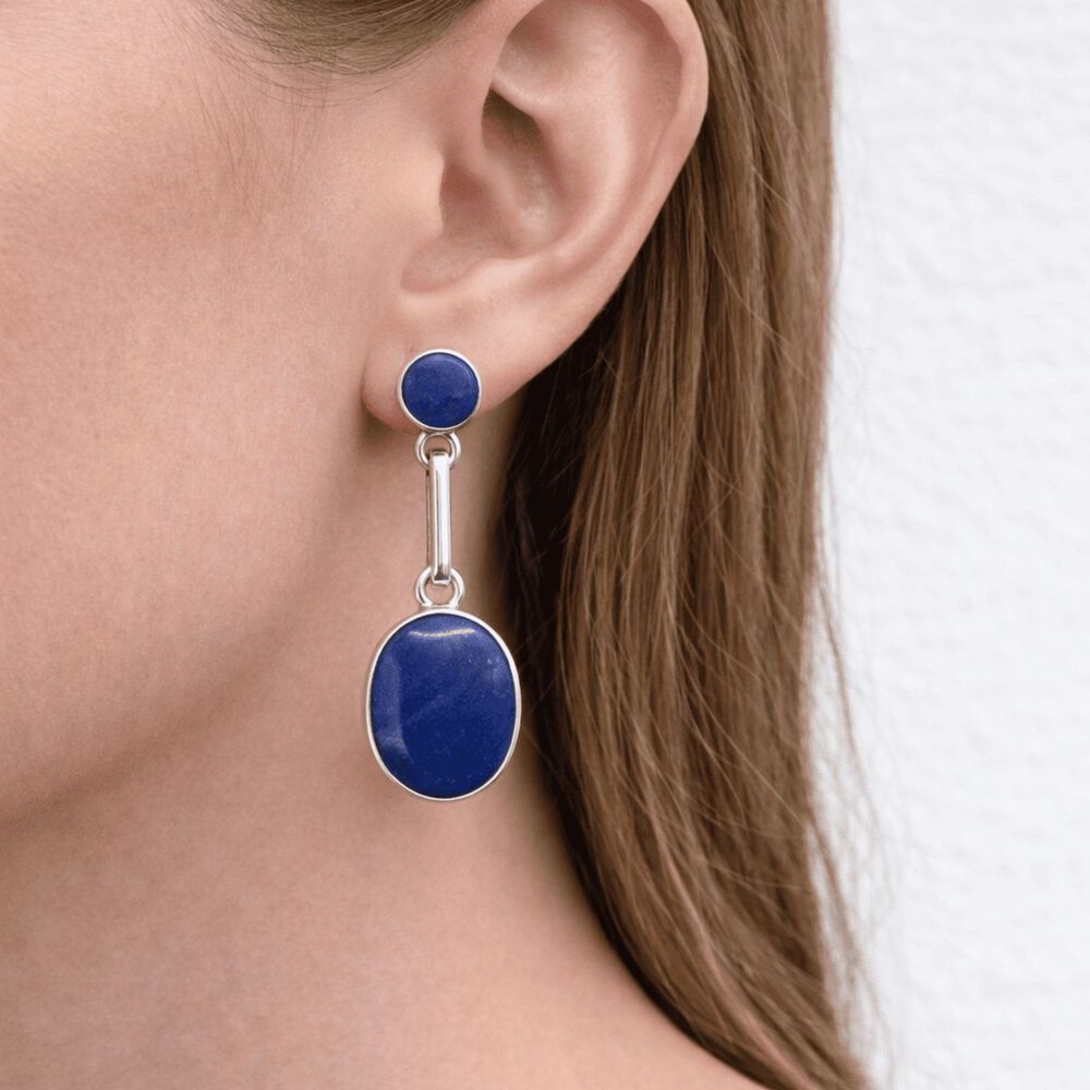 Aros Lapisl&aacute;zuli Ovalado Plata 950 Atornillados Colgantes Mujer Elegantes Piedra Azul image number 2.0