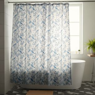 Set Cortina De Ba&ntilde;o De Tela Jard&iacute;n Azul Con Forro