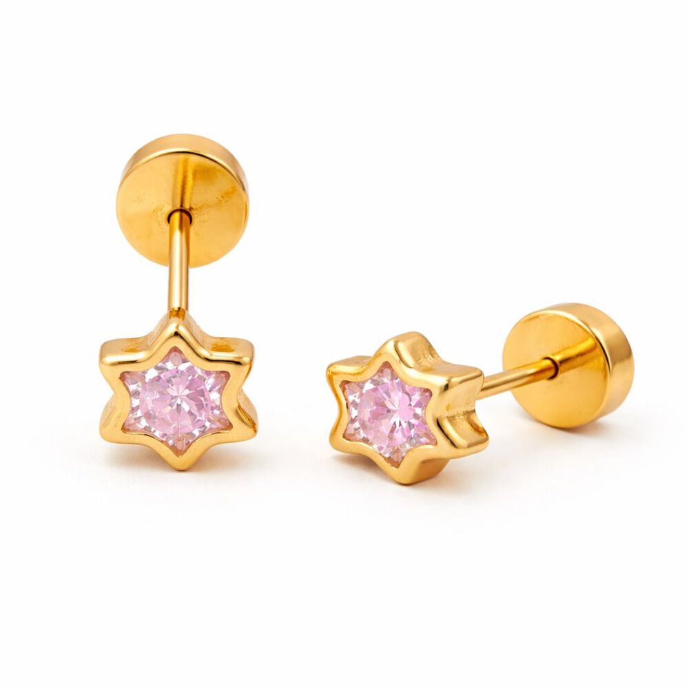Aros Abridores Estrella 6 Puntas 5 Mm Oro 18k Con Circ&oacute;n Y Tope A Presi&oacute;n image number 0.0