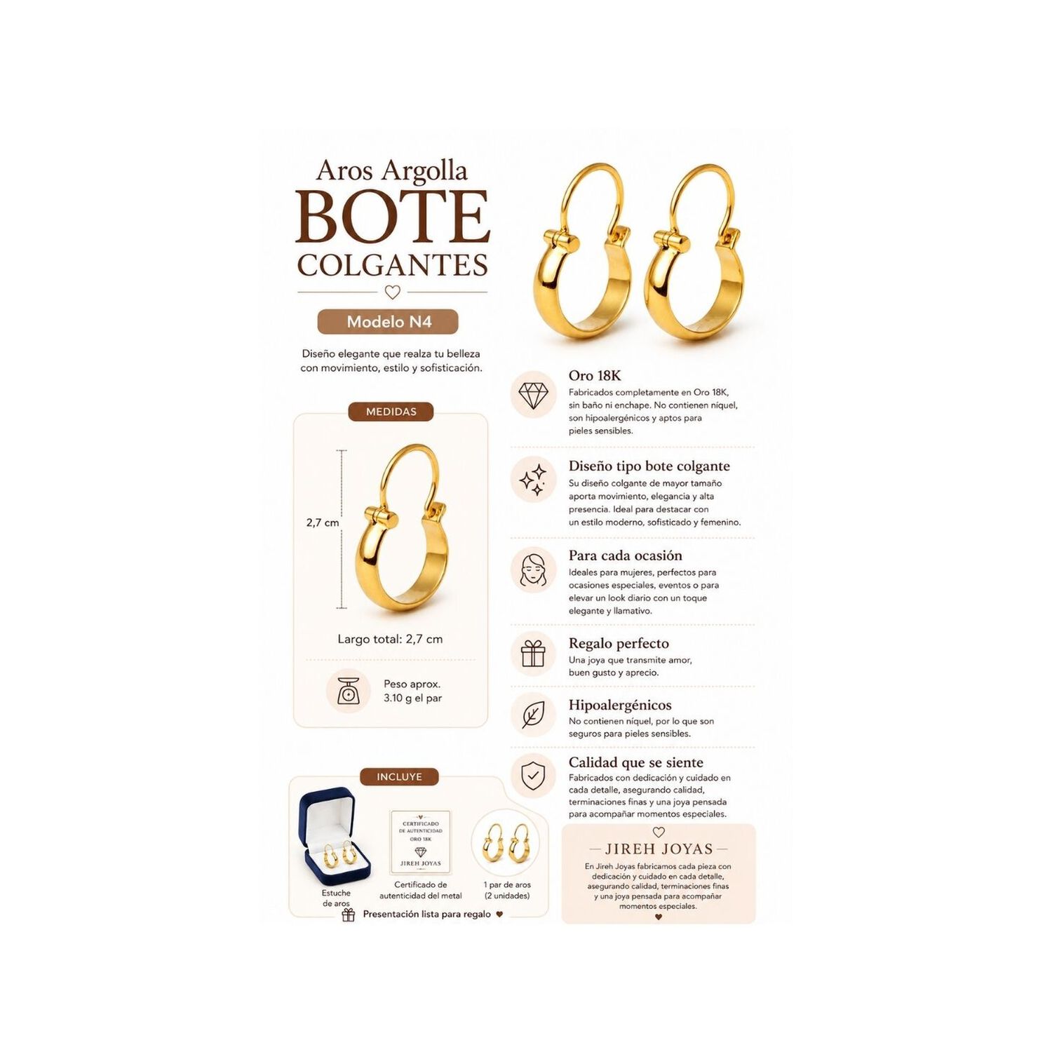 Aros Argolla Bote 2,7cm Largo N4 Oro 18k 3.10gr Mujer Regalo Dorado image number 5.0