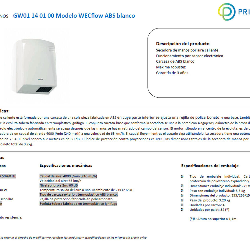 Secador De Manos Secamanos Wecflow Abs 1900w Aire Caliente Genwec image number 3.0