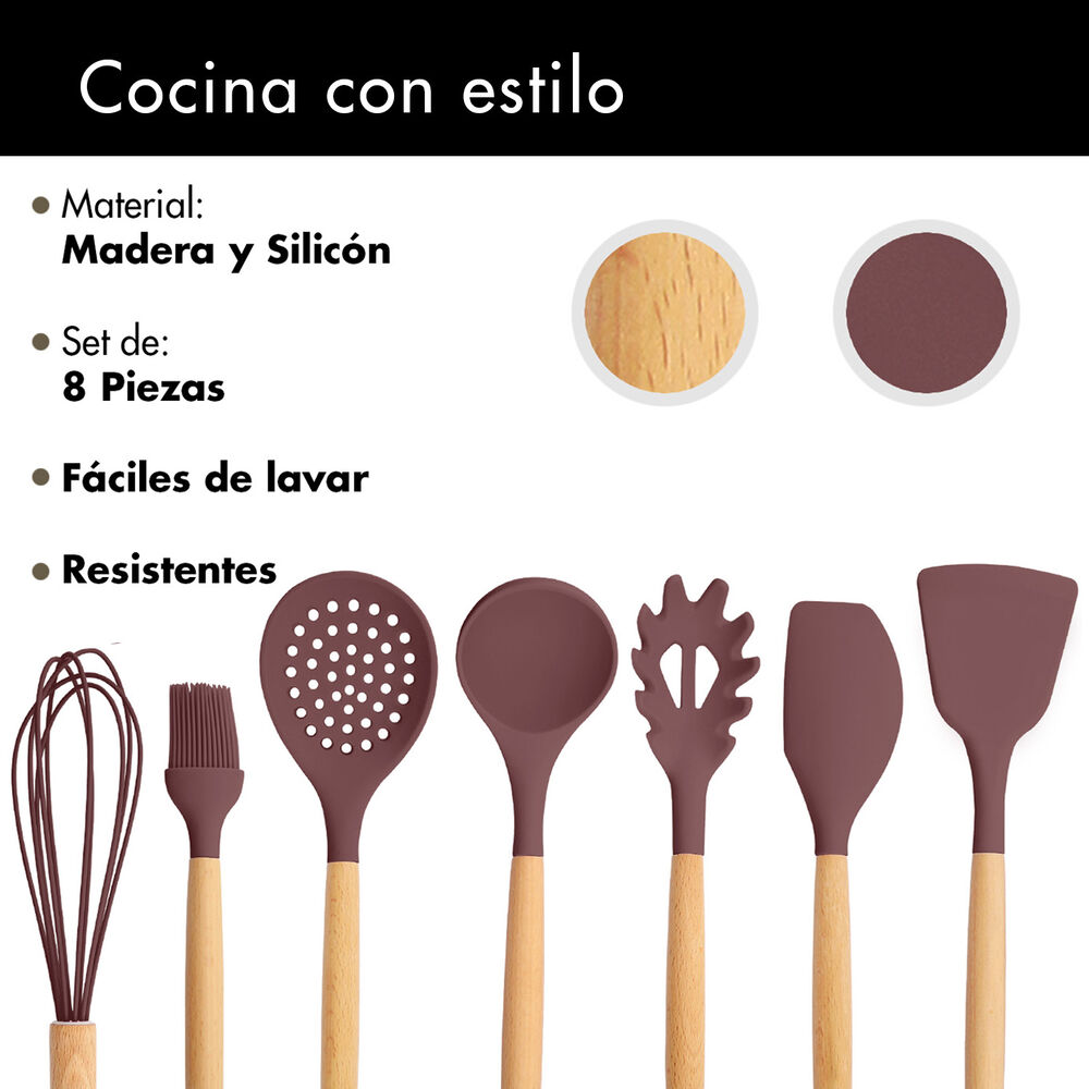 Set De Utensilios De Cocina Silicona Madera Café image number 3.0