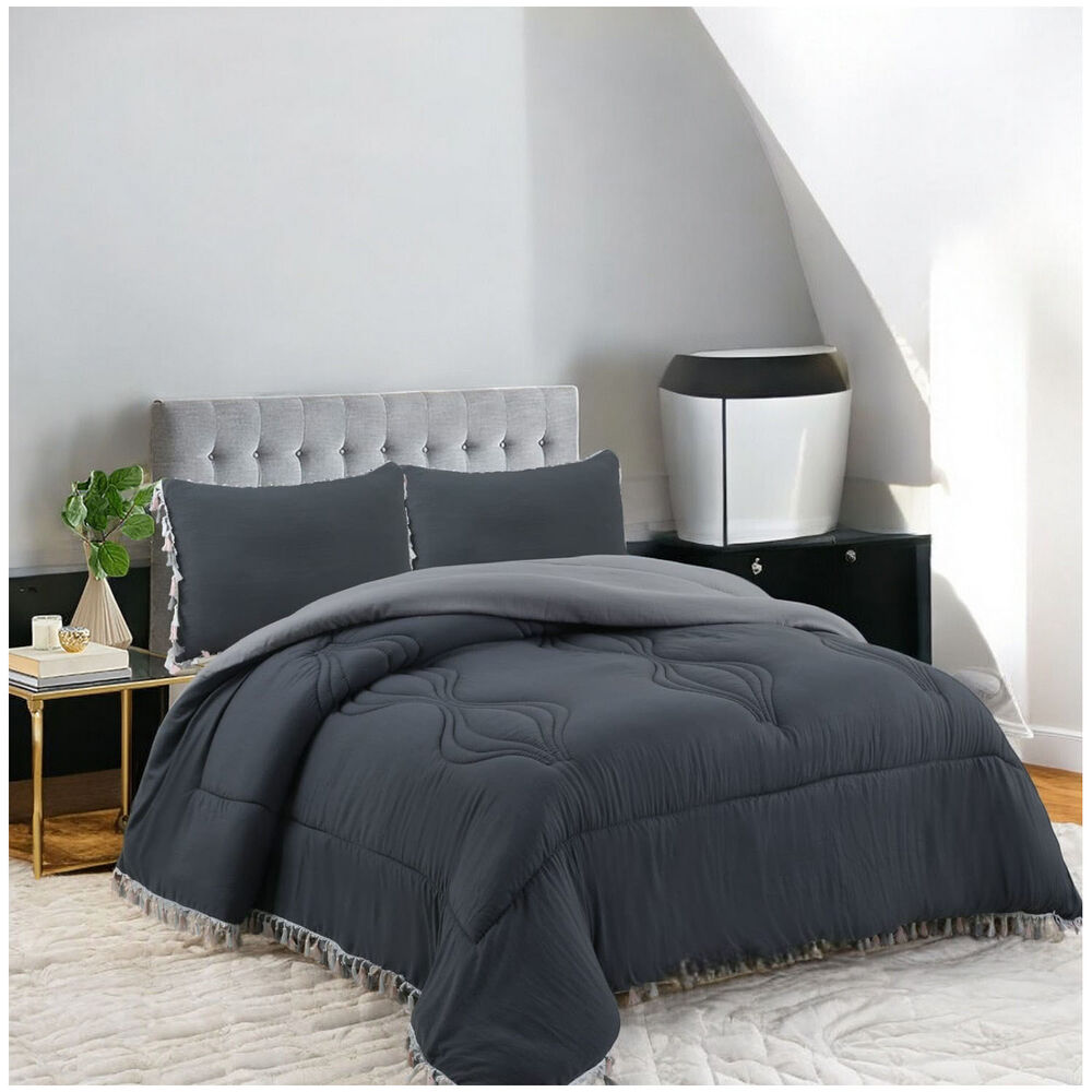 Juego De Plum&oacute;n De 3 Piezas Vintage Con Flecos - 2 Plazas Plomo image number 0.0