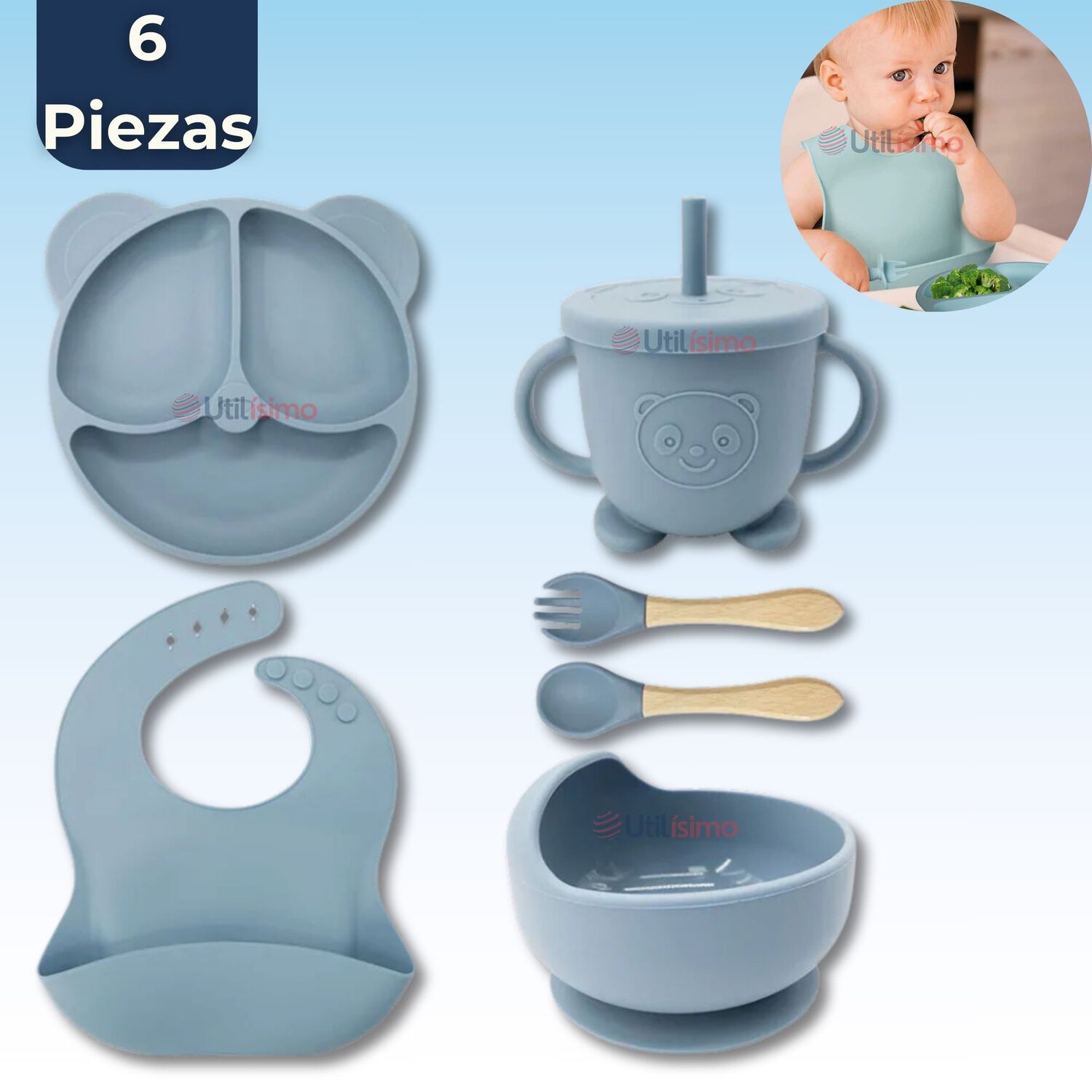 Set De Alimentaci&oacute;n Beb&eacute; Silicona De Oso 6 Piezas Libre Bpa Color Celeste image number 0.0
