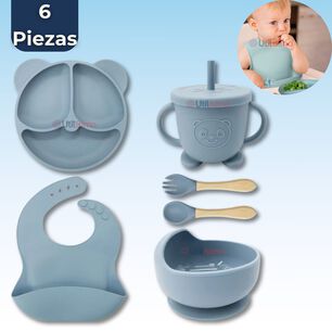 Set De Alimentaci&oacute;n Beb&eacute; Silicona De Oso 6 Piezas Libre Bpa Color Celeste