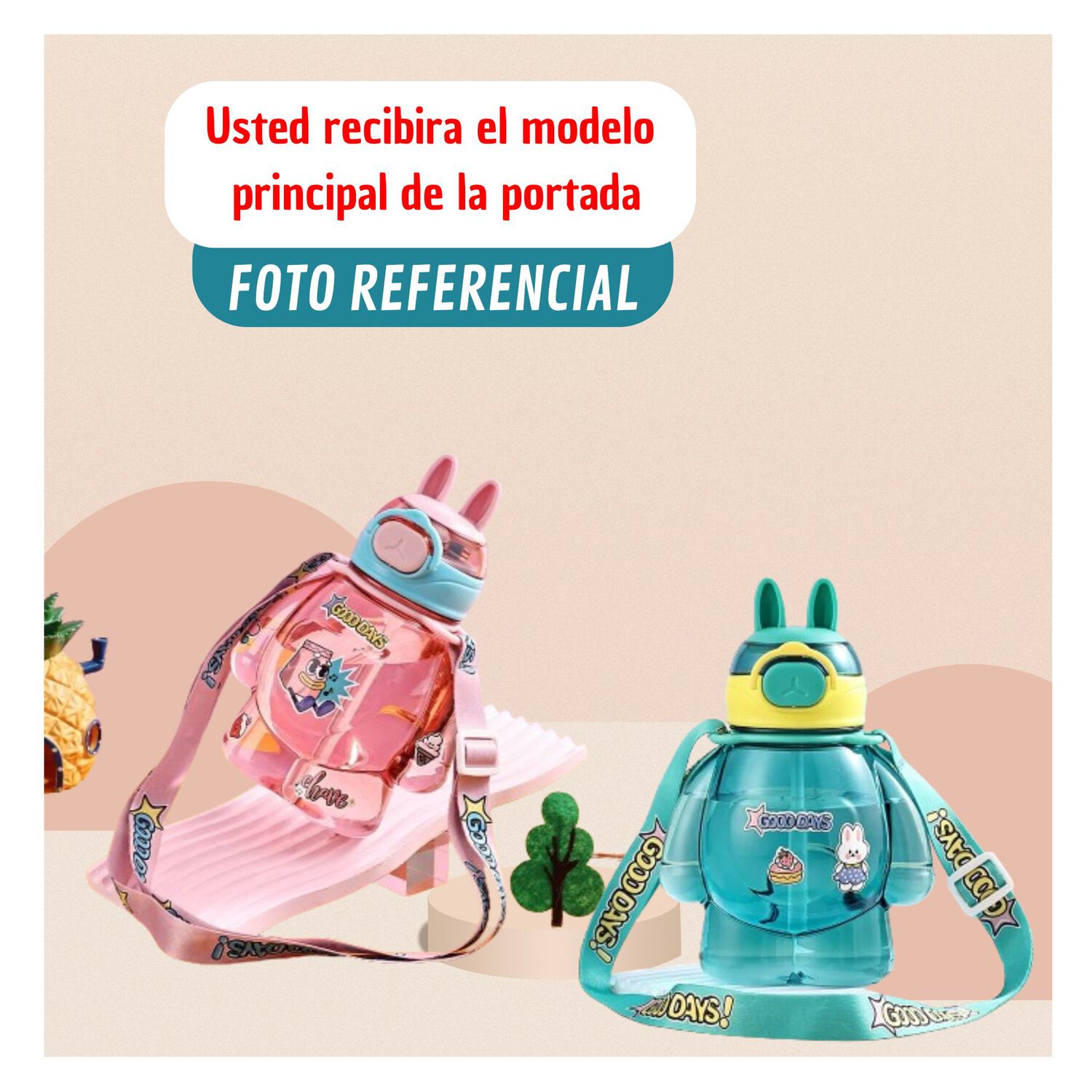 Botella Pl&aacute;stica 650ml Con Correa Y Orejitas Estilo Kawai Sin Bpa Ni&ntilde;os Turquoise image number 4.0