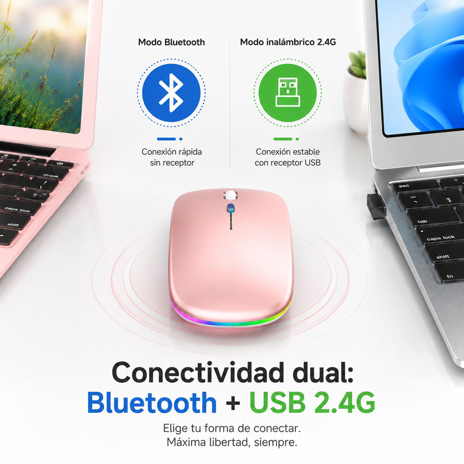 Mouse Dual Inal&aacute;mbrico Rosado Recargable Bluetooth + Usb 2g image number 5.0