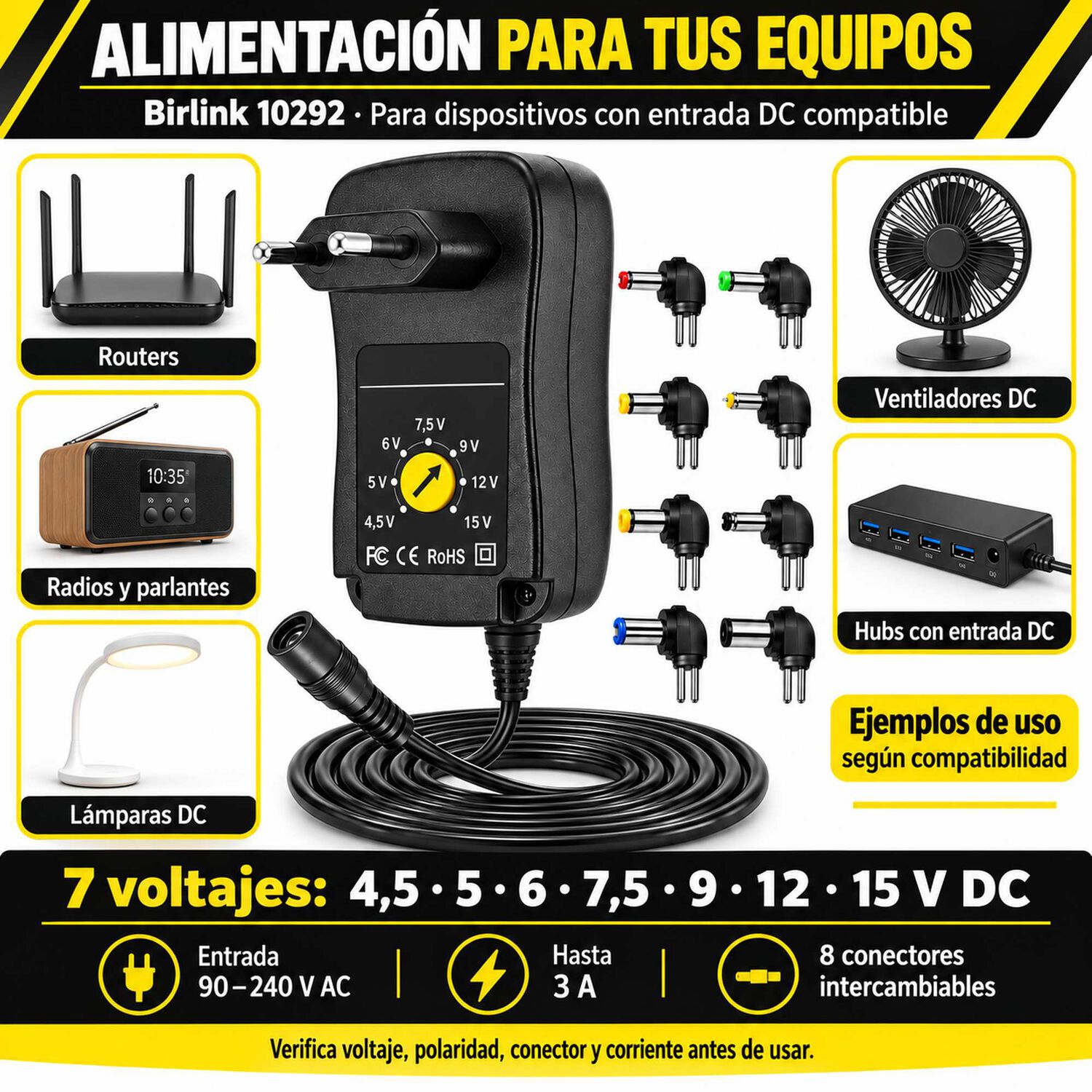 Adaptador Birlink 10292 Regulable 4,5 A 15v 3a 8 Conectores image number 4.0