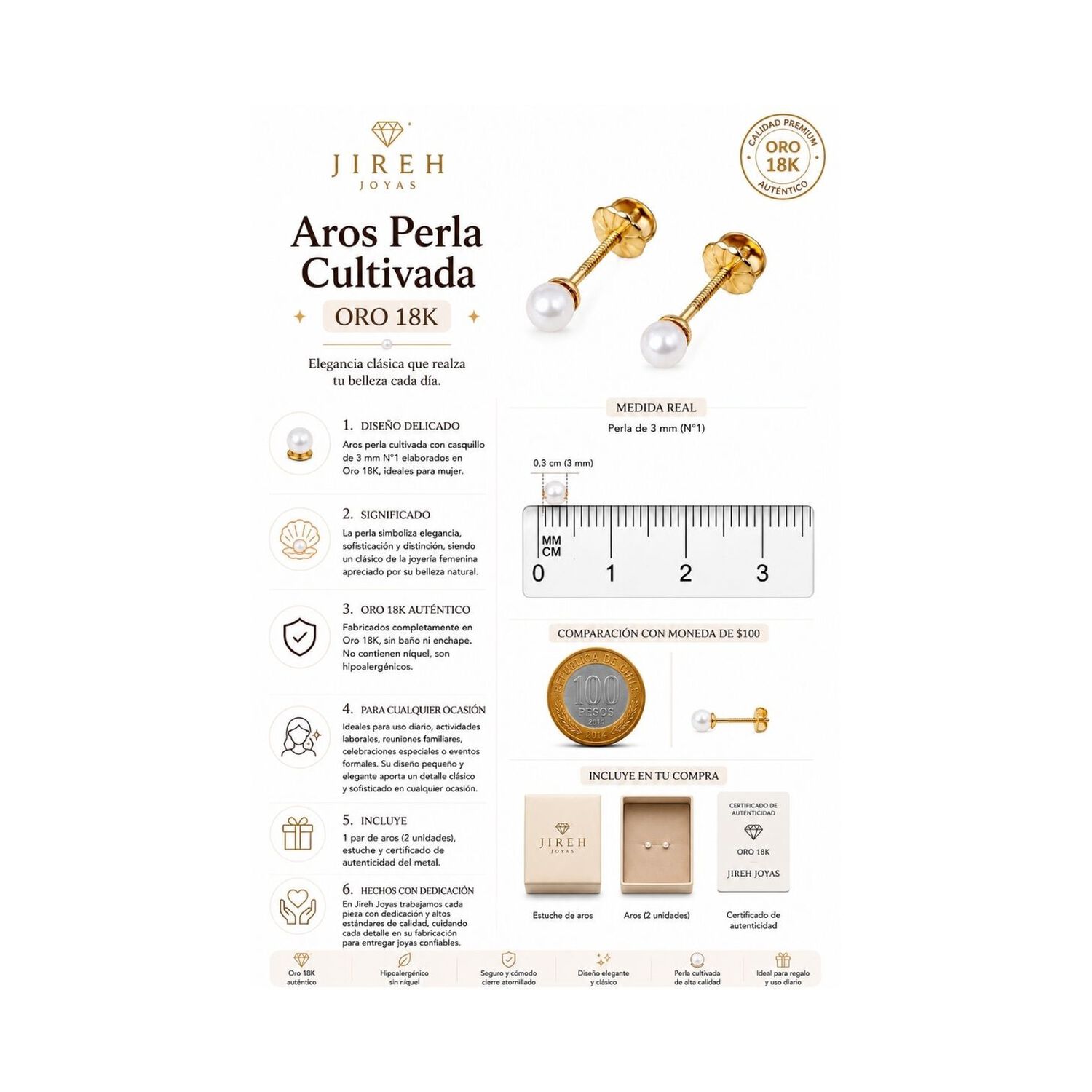 Aros Perla Cultivada Casquillo 3mm N1 Oro 18k 0.70gr Dorado image number 3.0