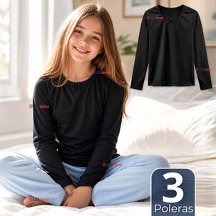 Pack 3 Camisetas Poleras Algod&oacute;n B&aacute;sica Cuello Redondo Primera Capa Manga Larga Colores Surtidos Negro Blanco Ni&ntilde;a