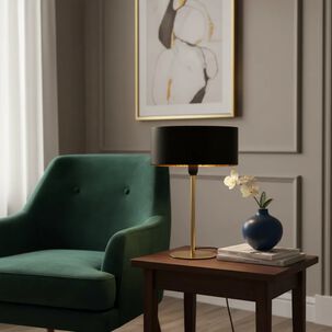 L&aacute;mpara De Mesa Decorativa Negra Y Dorada Con Detalle Tipo Ratan
