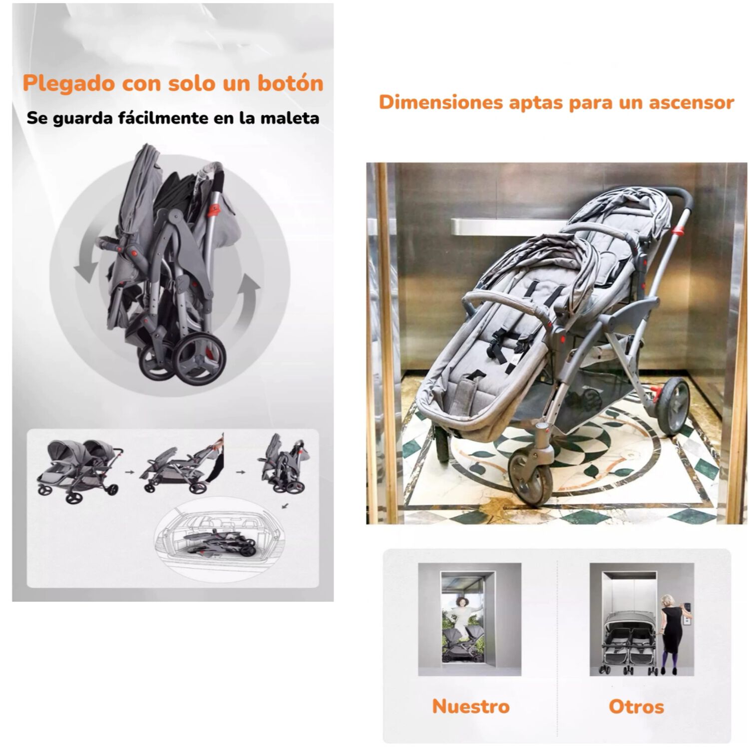 Coche Doble Duo Reclinable 9 Modos En 1 Lubabycas Gris image number 7.0