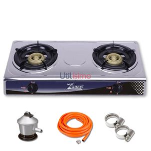 Cocina Encimera A Gas Licuado Port&aacute;til Acero Inox&nbsp;2&nbsp;platos + Kit De Instalaci&oacute;n