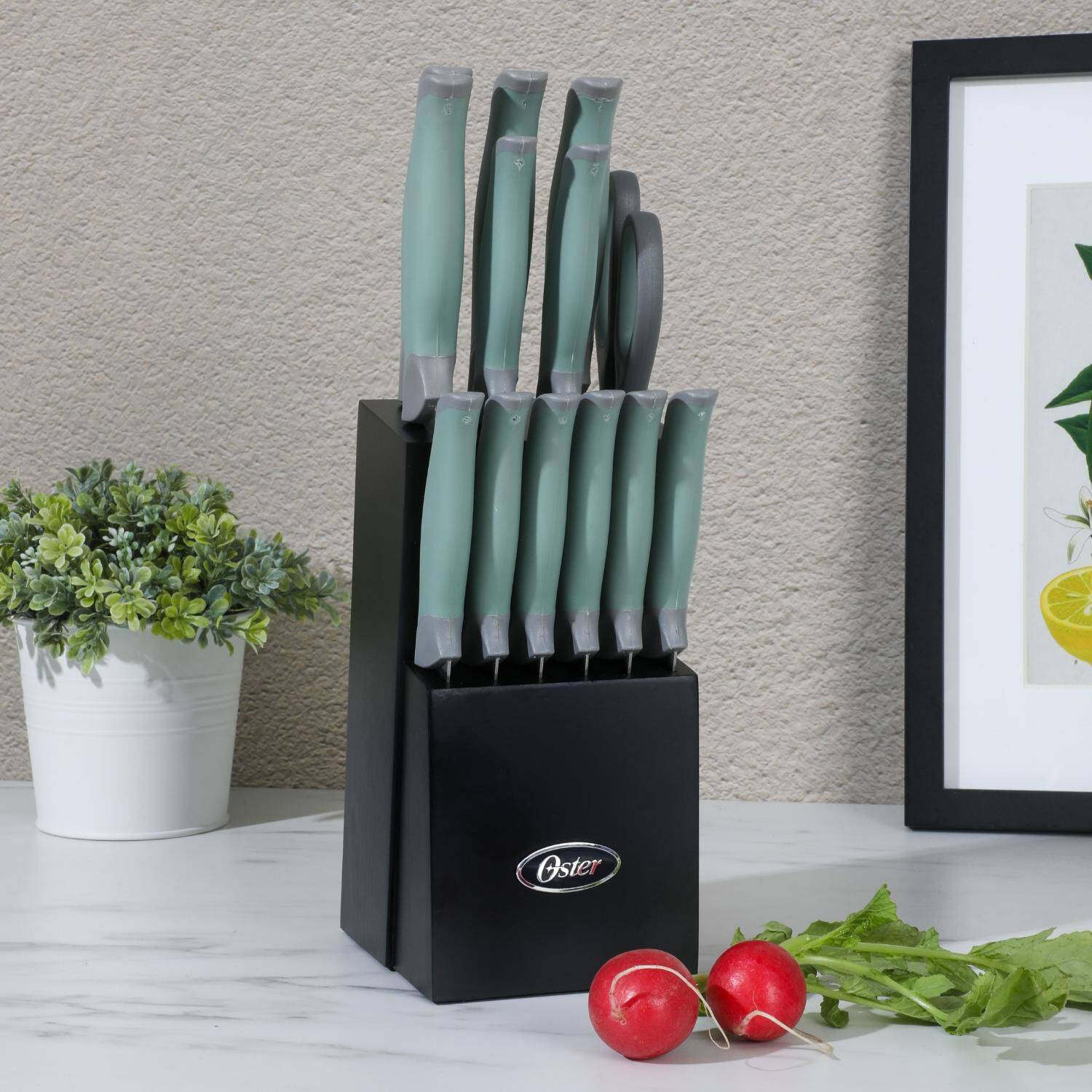 Set Cuchillos Acero Inoxidable Lindbergh 14 Pcs Mango Verde Y Taco De Madera Negro image number 1.0