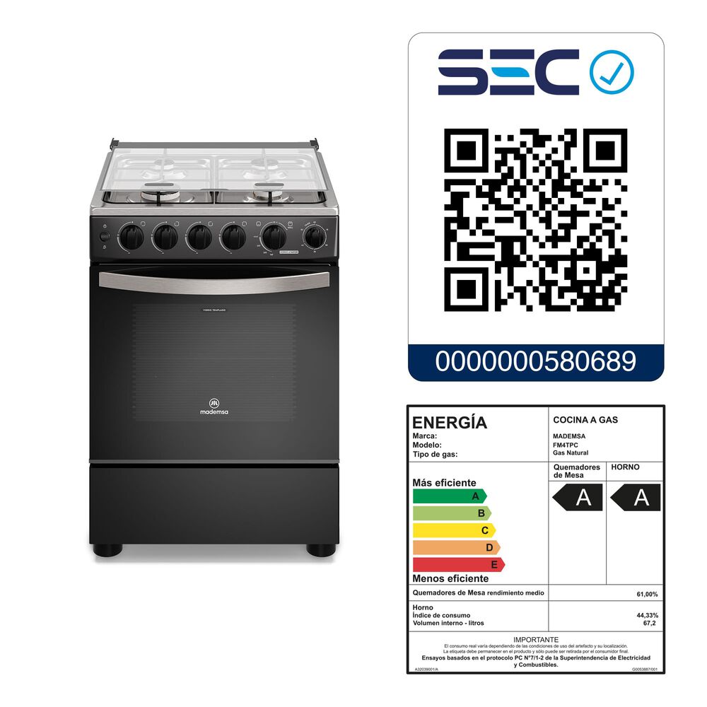 Cocina A Gas 4 Platos Horno Vapor Y Temporizador Fm4tpc Negra image number 2.0