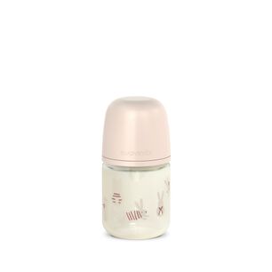 Mamadera Vidrio 120ml Fisiol&oacute;gica Silicona Flujo Xs Wonder Bunny Rosa