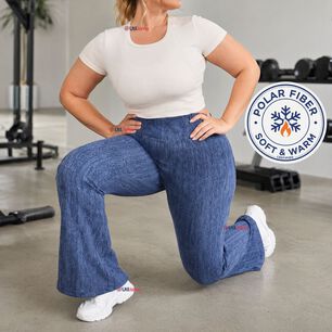 Calza Pantal&oacute;n Polar Con Chiporro Palazzo Mujer Elasticada T&eacute;rmica Azul Jeans
