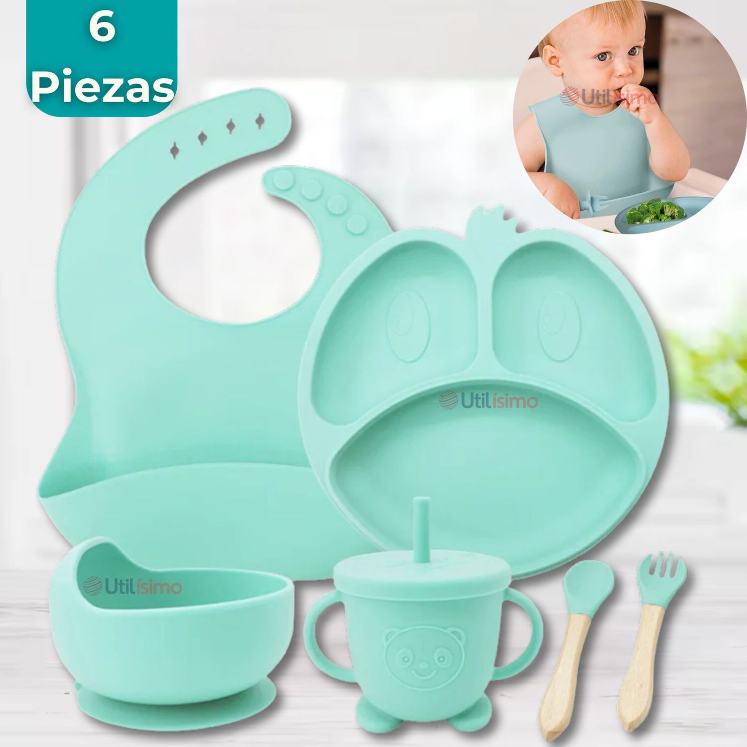 Set De Alimentaci&oacute;n Beb&eacute; Silicona De Formas 6 Piezas Libre Bpa Color Turquesa image number 0.0