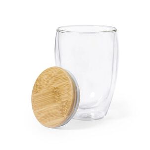 Vaso Mug Térmico Doble Pared Tapa Bambú Vidrio Tobby 350 Ml