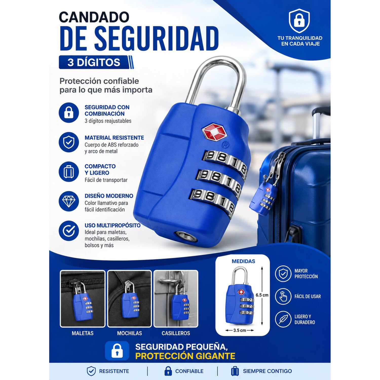 Candado Tsa 33mm Seguridad Maleta Locker Llave Y Clave Azul image number 4.0