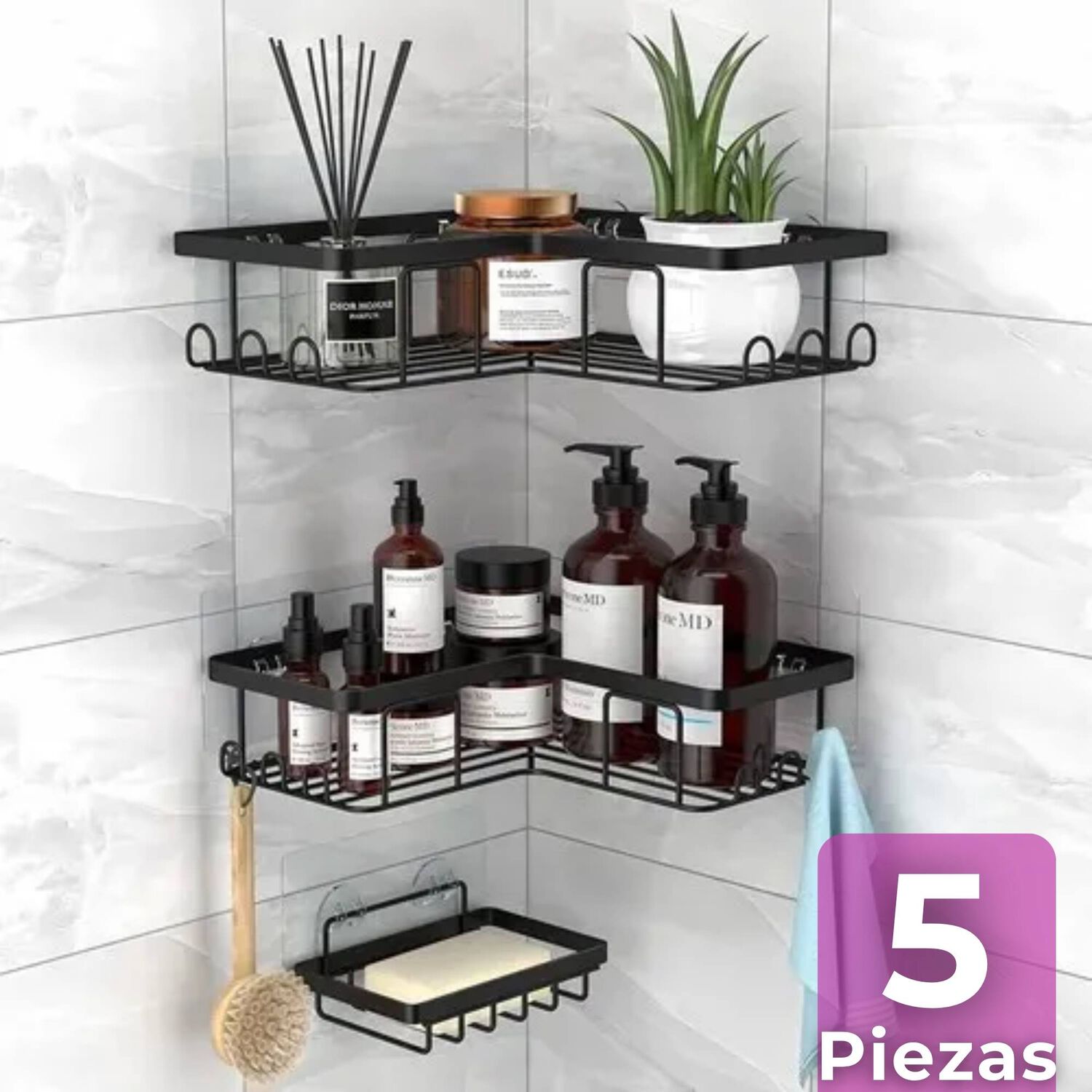 Set Organizador Esquinero Ba&ntilde;o 5 Piezas Acero Inoxidable Instalaci&oacute;n Adhesiva image number 0.0