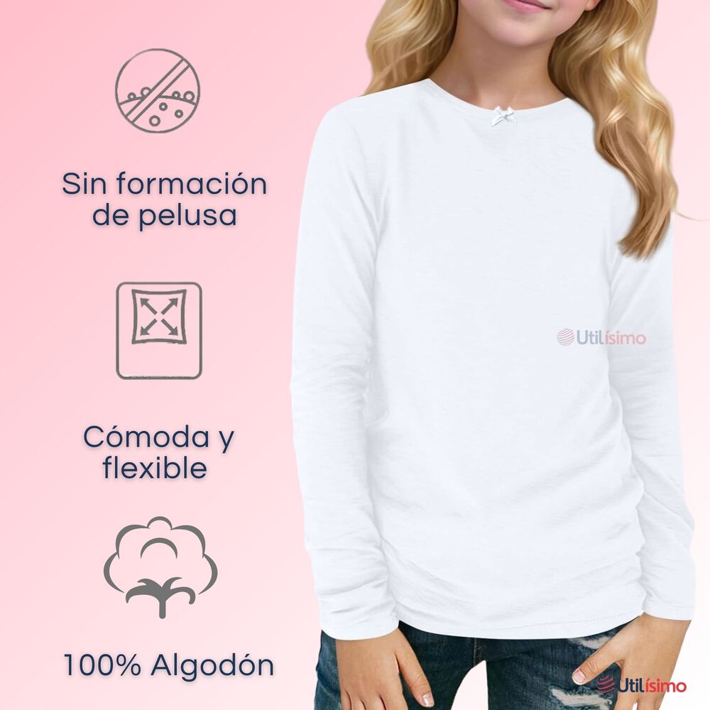 Pack 6 Camisetas Algodón Manga Larga Polera Niña Primera Capa Cuello Redondo Blanca image number 5.0