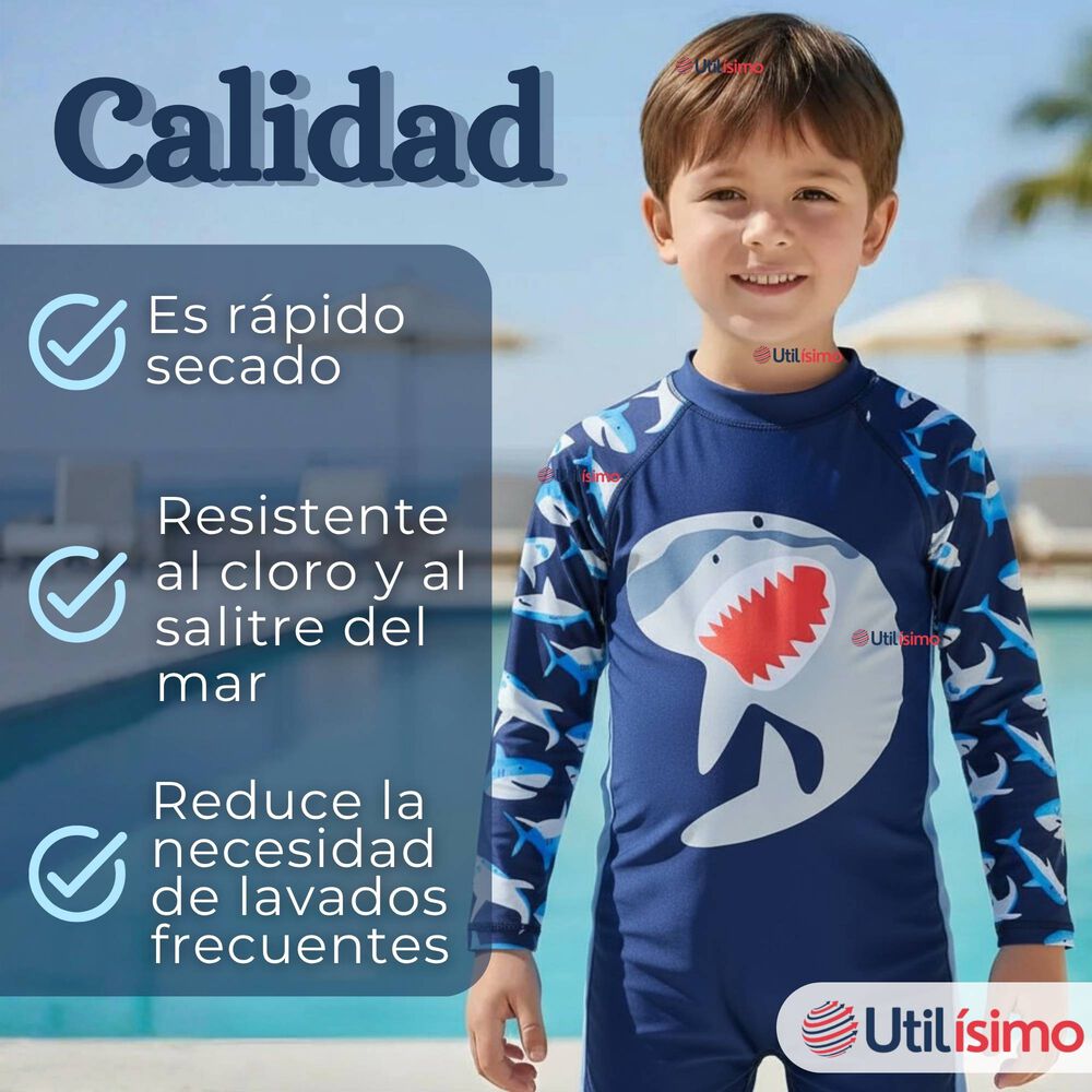 Traje De Ba&ntilde;o Enterito Con Cremallera Manga Larga Ni&ntilde;o 2 A 6 A&ntilde;os Blue Shark image number 8.0
