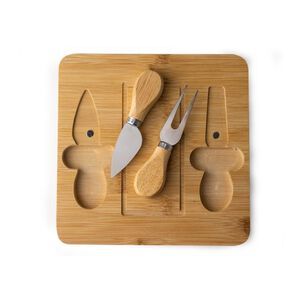 Set 3 Piezas Tabla De Quesos Madera Bamb&uacute; Cuadrada Con Cubiertos